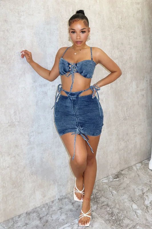 Love Addiction Denim Crop Top & Skirt SET