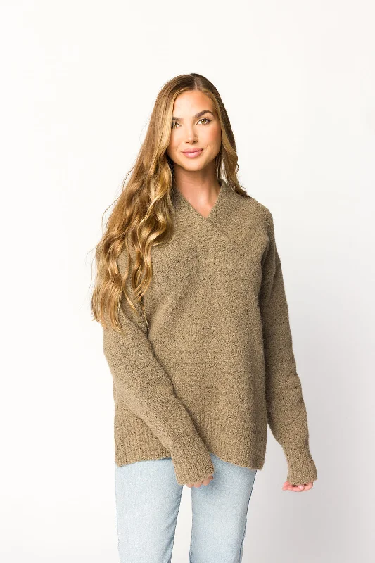 Jordan V-Neck Slouchy Soft Knit Sweater in Taupe