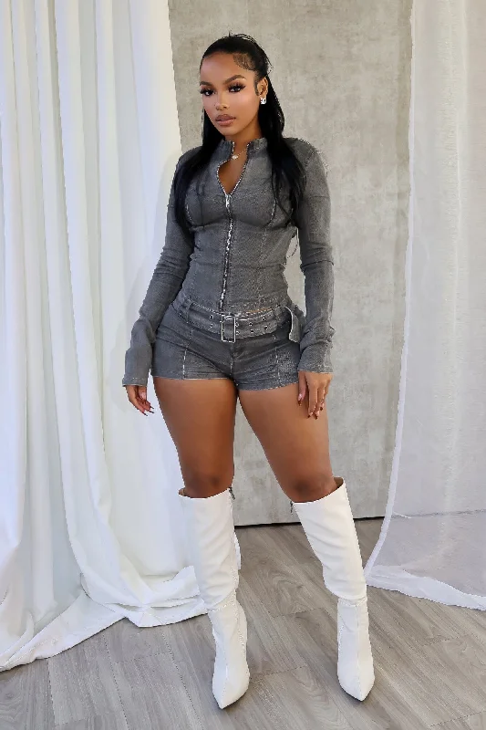 Koryn Washed Denim Zip Up Top & Shorts SET