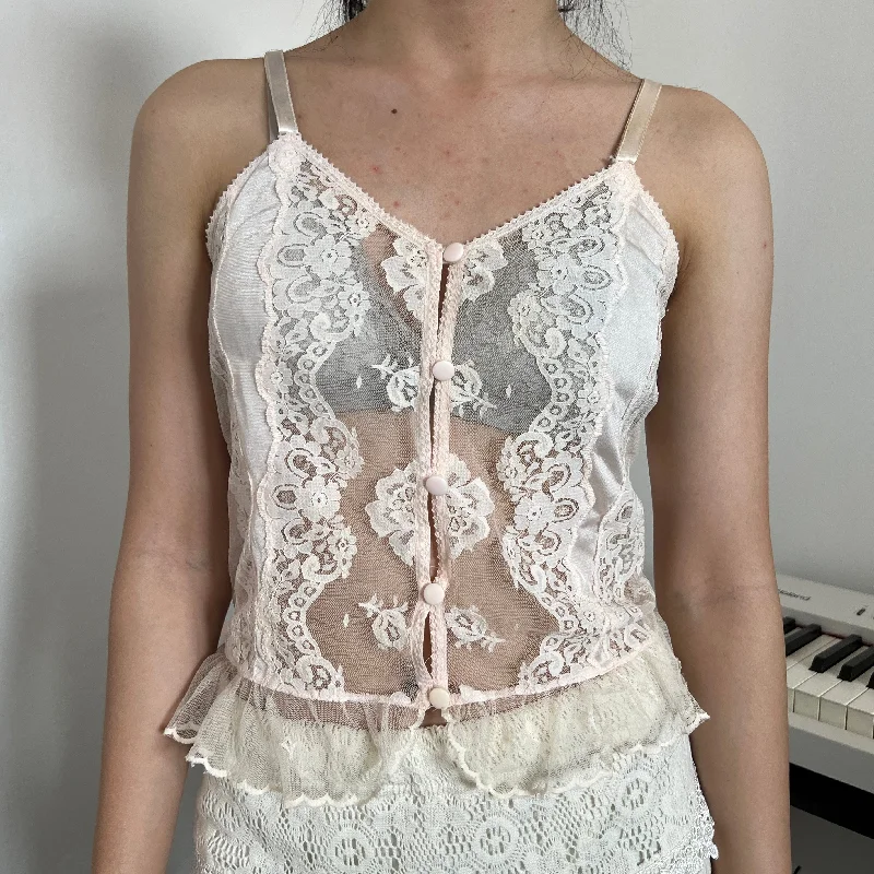 Soft Pink Lace Mesh Button Down Cami Top