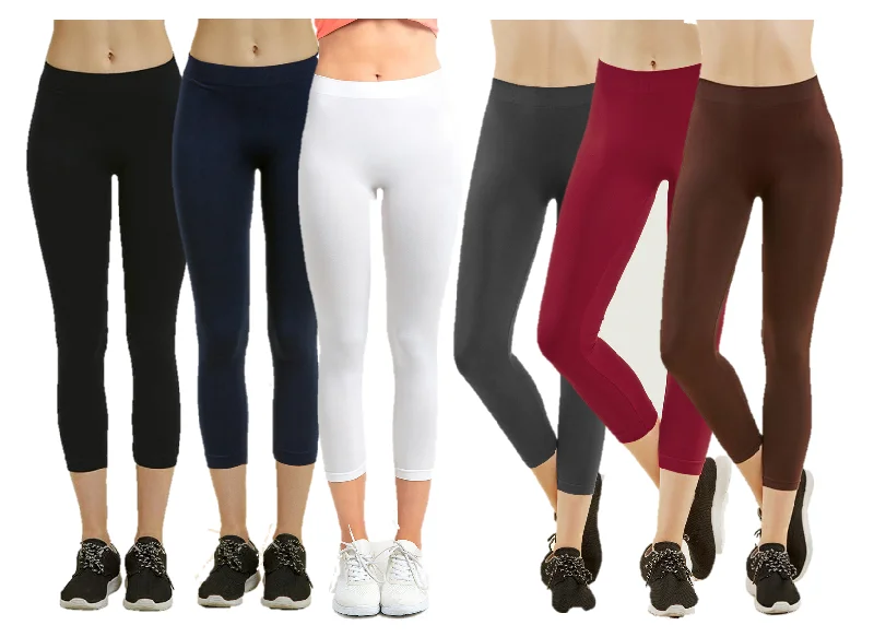 PACK OF 6 MOPAS Soft Stretch Nylon Blend Unlined Capri Length Leggings with Ribbed Elastic Waistband - Dark Colors (EX004_6PK0)