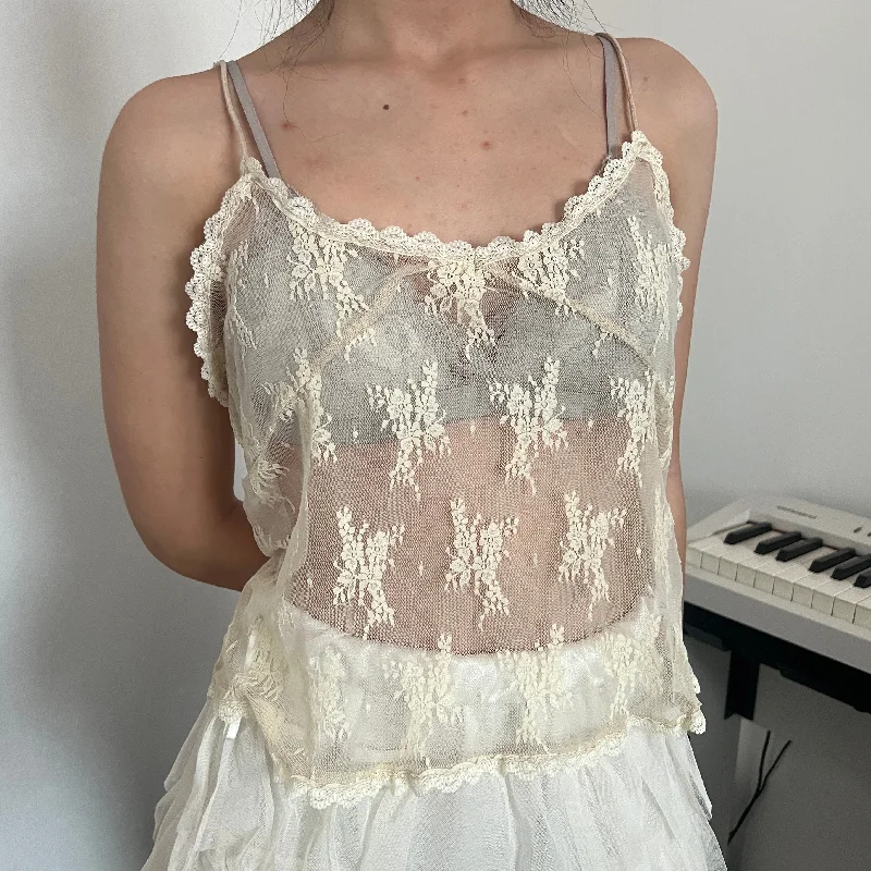 (L) Cream Beige Mesh Cami Top