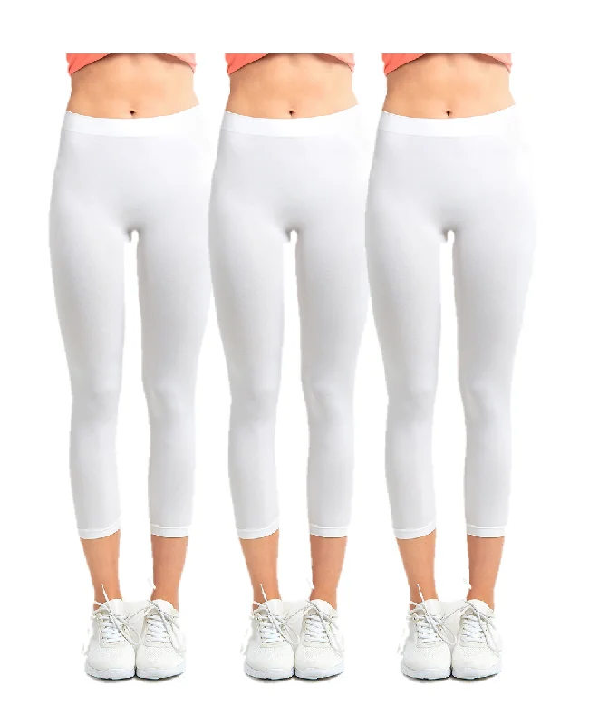 PACK OF 3 MOPAS Soft Stretch Nylon Blend Unlined Capri Length Leggings with Ribbed Elastic Waistband - ALL White (EX004_3PK4)