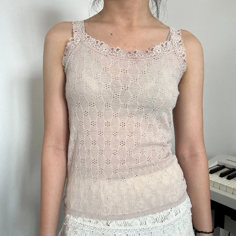 Beige Pink Floral Eyelet Lace Cami Top