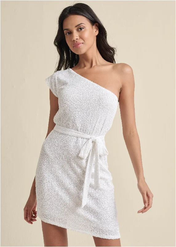 One-Shoulder Sequin Dress - White