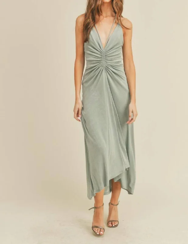 All The Drama Ruched Halter Midi Dress In Minty Grey