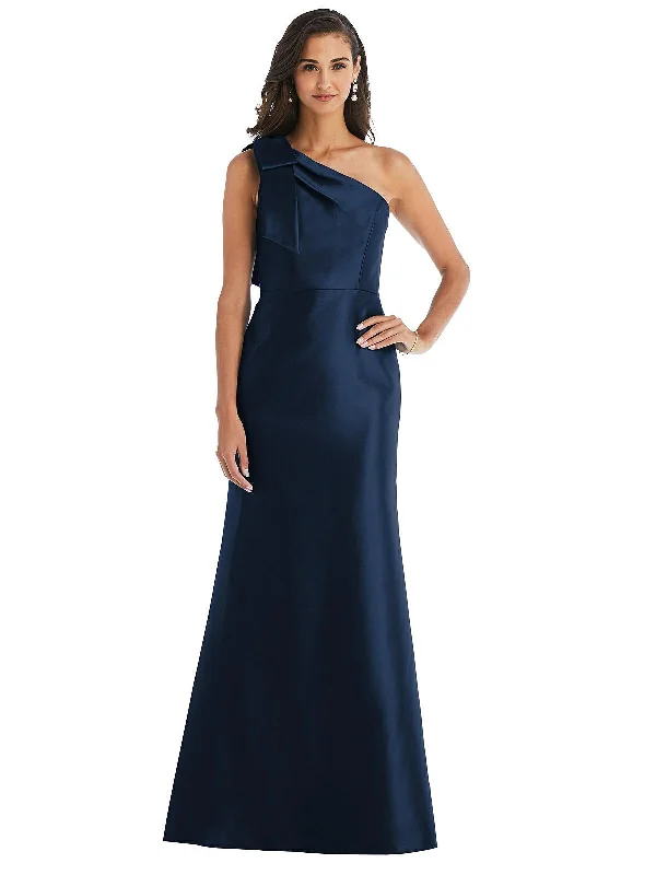 Bow One-Shoulder Satin Trumpet Gown