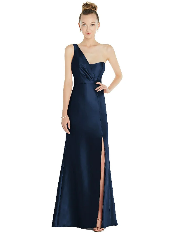 Draped One-Shoulder Satin Trumpet Gown with Front Slit