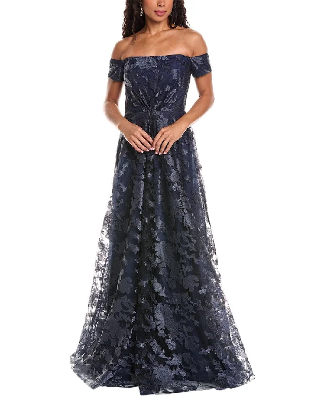 Rene Ruiz Off-The-Shoulder Draped A-Line Gown