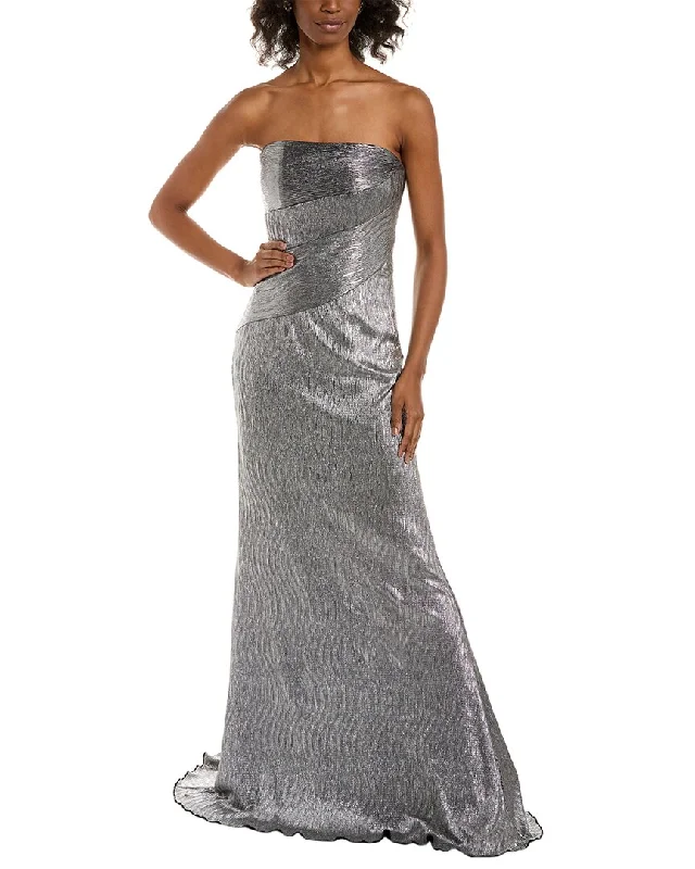 Rene Ruiz Strapless Metallic Knit Gown