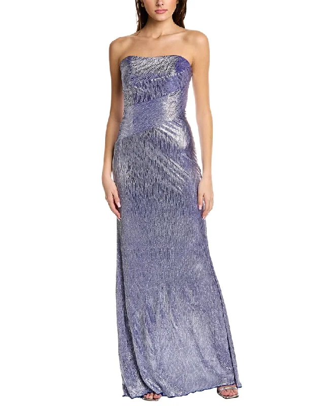 Rene Ruiz Strapless Metallic Knit Gown