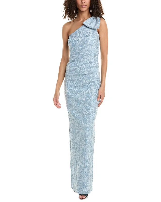 Teri Jon by Rickie Freeman One-Shoulder Bow Abstract Print Jacquard Gown