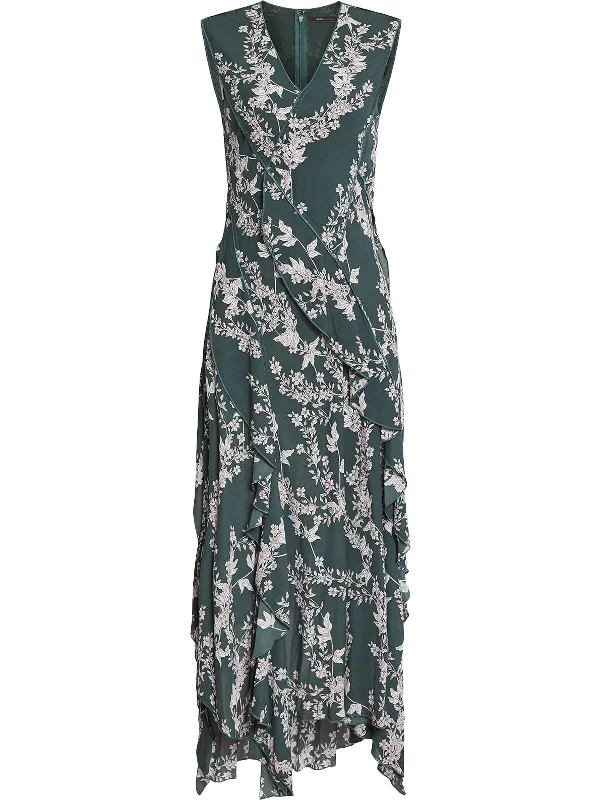 Womens Floral Trim Sleeveless Midi Dress