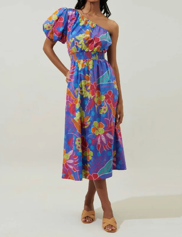 Bold Attempt One Shoulder Midi Dress In Multi