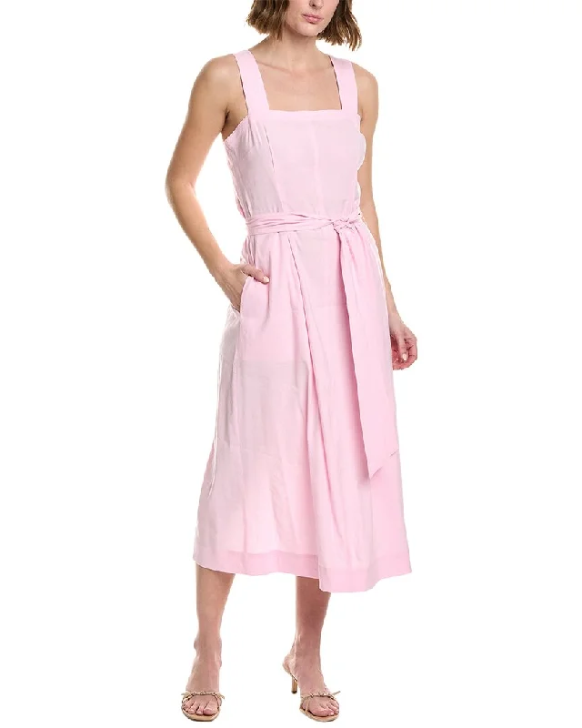 Vince Belted Square Neck Linen-Blend Midi Dress