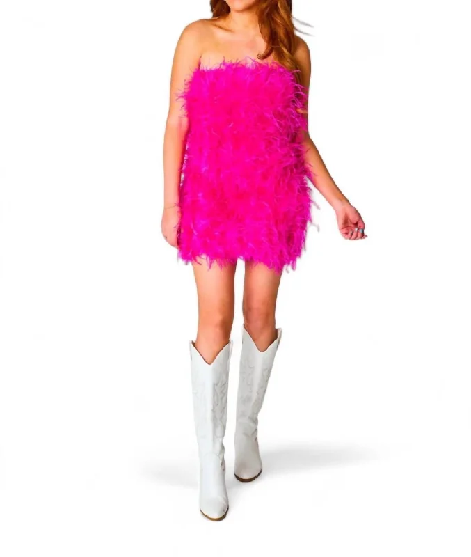 Celeste Feather Mini Dress In Hot Pink