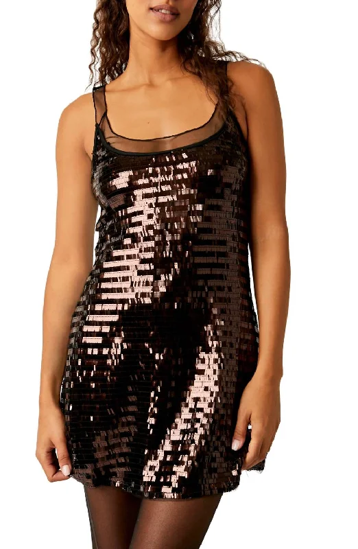 Disco Fever Mini Slip Dress In Black/ Brown