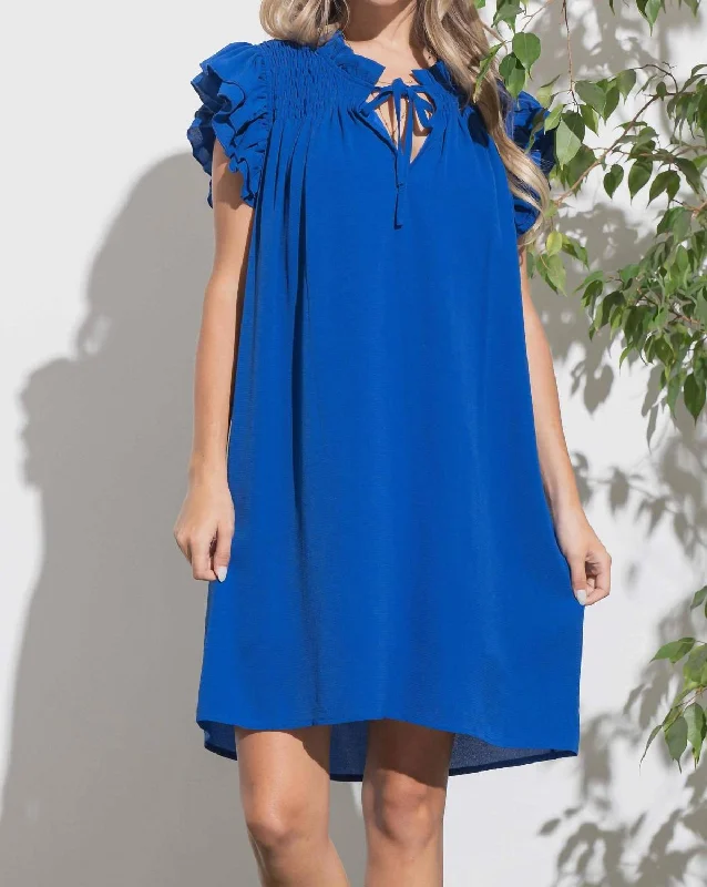 Ruffle Shoulder Smocked Detailed Mini Dress In Royal Blue