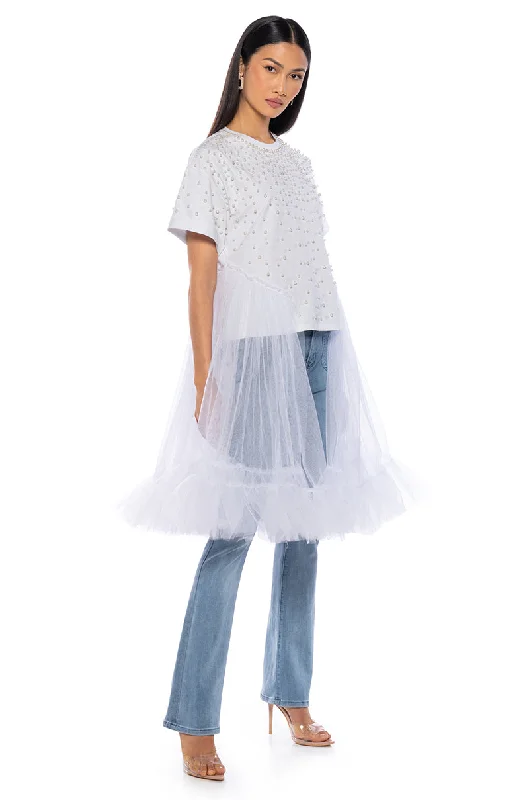 ANOTHER DREAMER EMBELLISHED TULLE T SHIRT IN WHITE