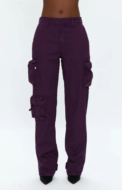 Bobbie Mid Rise Loose Straight Leg Cargo Pant In Washed Aubergine