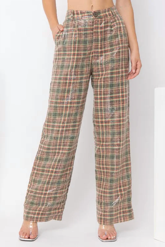 That's A Wrap Sequin Plaid Pants In Brown Multi