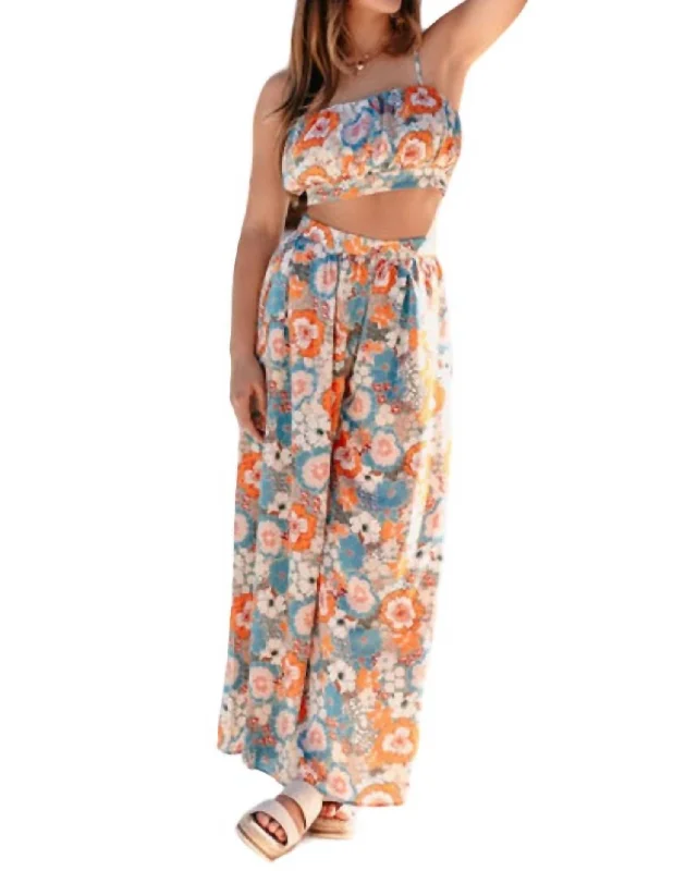 Harmony Flower Power Crop Top & Flare Pant Set In Blue/orange