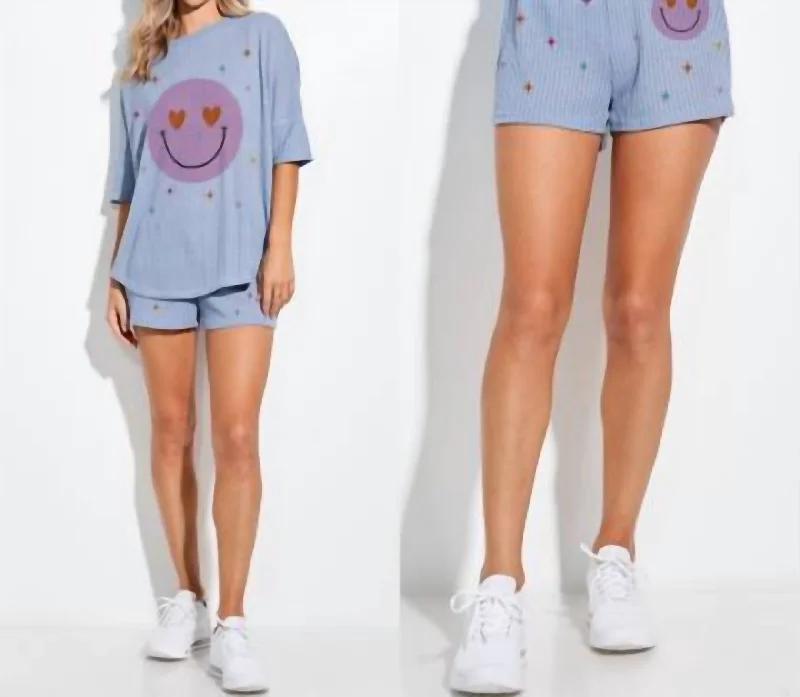 Smile Print Waffle Short Set In Blue